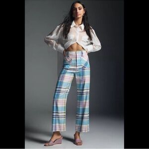 Maeve by Anthropologie The Colette Crop Wide-Leg Plaid Pants: Linen Edition